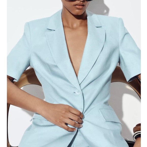 Zara Fitted Short Sleeve Linen Blazer light blue NWT - Picture 5 of 9